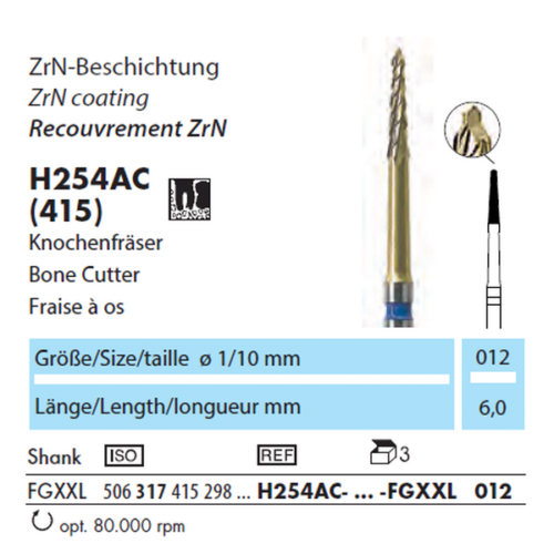 H254AC-012-FGXXL Фреза для Кости Турбинная Твердосплавная (Нитрид циркония) NTI(Германия)